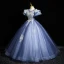 Elegant Sky Blue Beading Lace Flower Prom Dresses 2023 Ball Gown Scoop Neck Puffy Short Sleeve Backless Floor-Length / Long Prom Formal Dresses