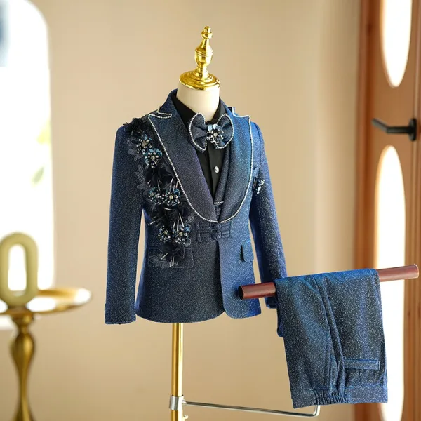 Fall Winter Navy Blue Pearl Rhinestone 5-piece Long Sleeve Boys Wedding Suits 2024 Coat Pants Shirt Tie Vest