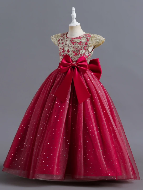 Chic / Beautiful Burgundy Sequins Lace Flower Birthday Flower Girl Dresses 2024 Ball Gown Scoop Neck Cap Chic / Beautiful Burgundy Sequins Lace Flower Birthday Flower Girl Dresses 2024 Ball Gown Scoop Neck Cap