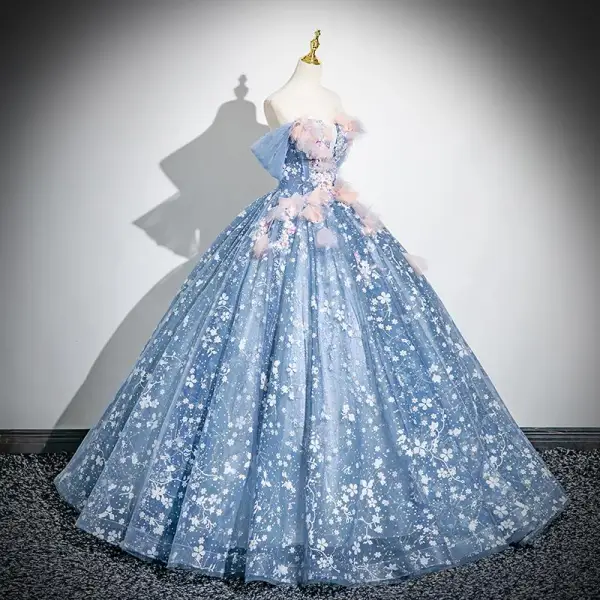 Flower Fairy Sky Blue Appliques Sequins Prom Dresses 2024 Ball Gown Off-The-Shoulder Short Sleeve Backless Floor-Length / Long Prom Formal Dresses