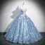 Flower Fairy Sky Blue Appliques Sequins Prom Dresses 2024 Ball Gown Off-The-Shoulder Short Sleeve Backless Floor-Length / Long Prom Formal Dresses