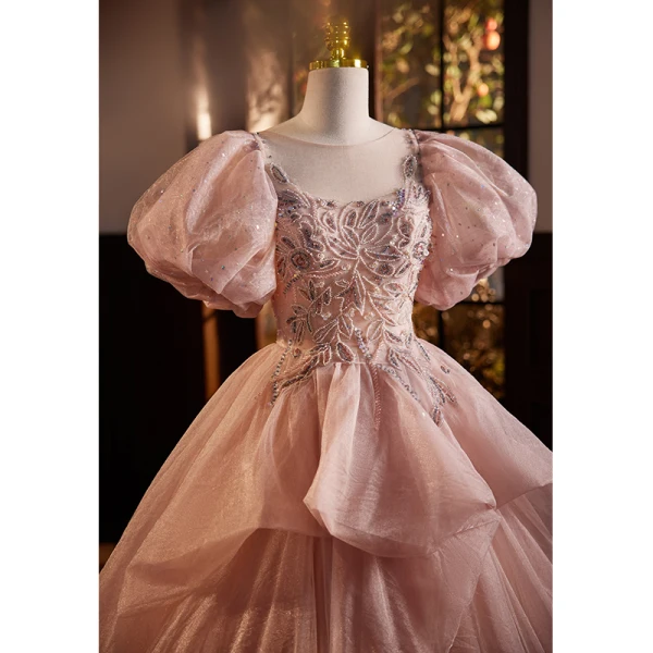 Elegante Rosa Perlenstickerei Strass Pailletten Ballkleider 2023 Ballkleid Eckiger Ausschnitt Geschwollenes Kurze Ärmel Rückenfreies Sweep / Pinsel Zug Ball Festliche Kleider