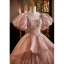 Elegante Rosa Perlenstickerei Strass Pailletten Ballkleider 2023 Ballkleid Eckiger Ausschnitt Geschwollenes Kurze Ärmel Rückenfreies Sweep / Pinsel Zug Ball Festliche Kleider