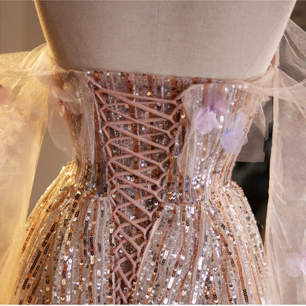 Scintillantes Haut de Gamme Rougissant Rose Perle Appliques Paillettes Robe De Soirée 2023 Princesse De l'épaule 3/4 Manches Dos Nu Longue Soirée Robe De Ceremonie