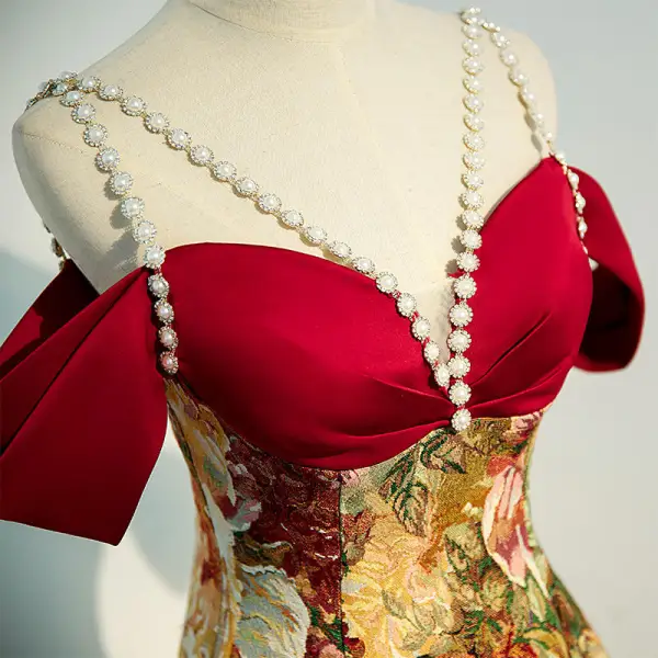 Chic / Beautiful Burgundy Floral Evening Dresses 2022 A-Line / Princess Pearl Rhinestone Spaghetti Straps Short Sleeve Backless Floor-Length / Long Evening Party Formal Dresses