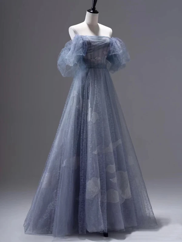Sexy Ocean Blue Pearl Sequins Evening Dresses 2023 A-Line / Princess Sleeveless Backless Floor-Length / Long Tulle Off-The-Shoulder Evening Party Formal Dresses