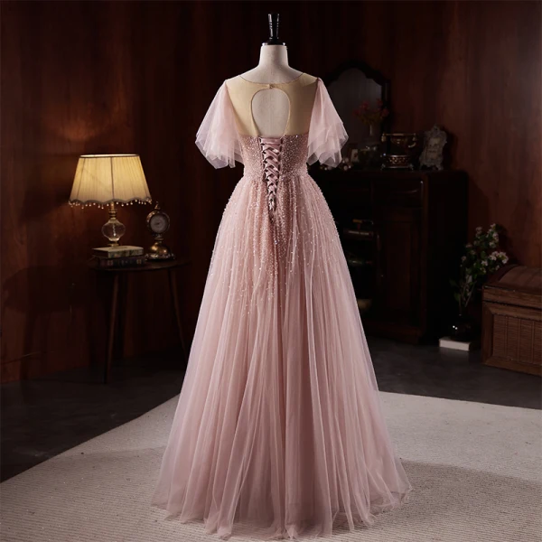 Charmant Rougissant Rose Perlage Paillettes Robe De Soirée 2023 Princesse Encolure Dégagée Manches Courtes Dos Nu Longue Soirée Robe De Ceremonie