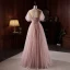 Charmant Rougissant Rose Perlage Paillettes Robe De Soirée 2023 Princesse Encolure Dégagée Manches Courtes Dos Nu Longue Soirée Robe De Ceremonie