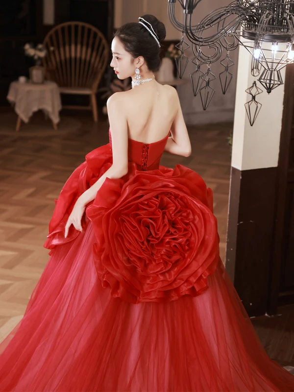 Amazing / Unique Red Flower Prom Dresses 2023 Ball Gown Strapless Sleeveless Backless Court Train Prom Formal Dresses