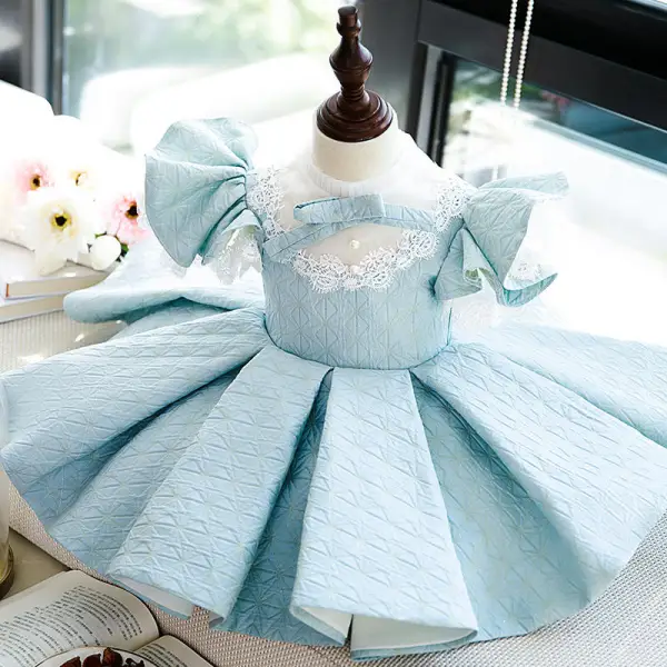 Chic / Beautiful Sky Blue Lace Flower Birthday Flower Girl Dresses 2022 Ball Gown High Neck Puffy Short Sleeve Short Flower Girl Dresses