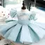Chic / Beautiful Sky Blue Lace Flower Birthday Flower Girl Dresses 2022 Ball Gown High Neck Puffy Short Sleeve Short Flower Girl Dresses
