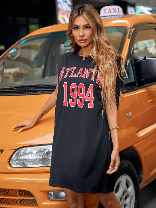 Mode Femme Noire Débardeurs Robes 2021 Encolure Dégagée Sans Manches Impression Graphique de lettre Ample Coton Été Vêtement de rue