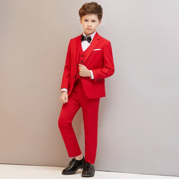 Modest / Simple Red 5-piece Long Sleeve Boys Wedding Suits 2023 Coat Pants Shirt Tie Vest Boys Wedding Suits