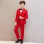 Modest / Simple Red 5-piece Long Sleeve Boys Wedding Suits 2023 Coat Pants Shirt Tie Vest Boys Wedding Suits