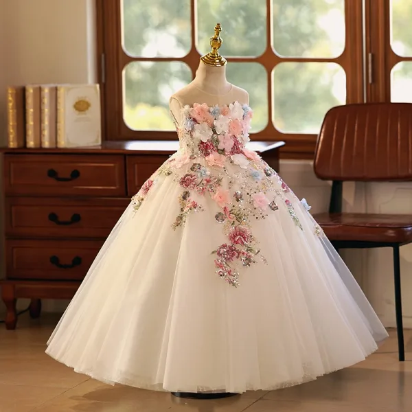 Flower Fairy White Beading Pearl Sequins Lace Flower Appliques Birthday Flower Girl Dresses 2025 Ball Gown Strapless Sleeveless Floor-Length / Long Tulle