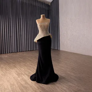 Sexy High End Black Handmade Rhinestone Evening Dresses 2026 Trumpet Mermaid Strapless Sleeveless Backless Sweep Train Formal Dresses