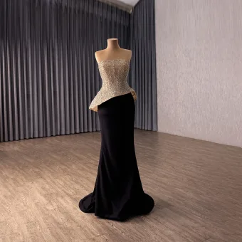 Sexy High End Black Handmade Rhinestone Evening Dresses 2026 Trumpet Mermaid Strapless Sleeveless Backless Sweep Train Formal Dresses