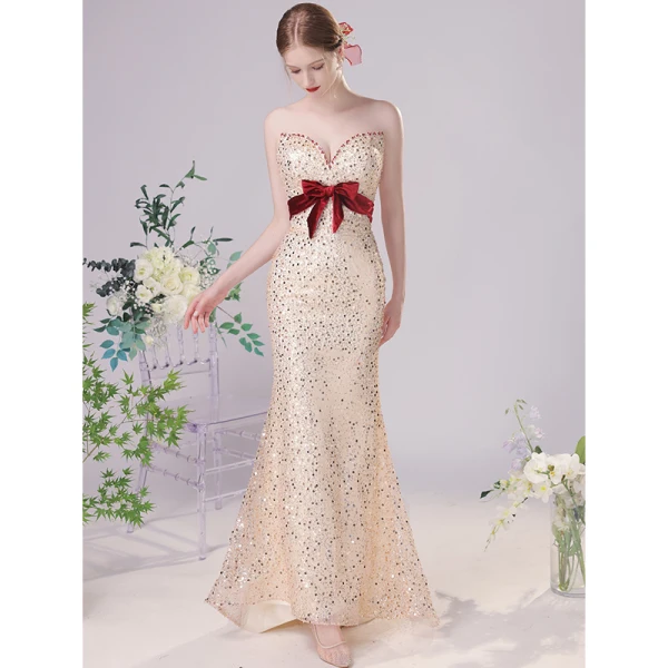Sexy Champagne Sequins Evening Dresses 2023 Trumpet / Mermaid Strapless Bow Sleeveless Backless Floor-Length / Long Evening Party Formal Dresses