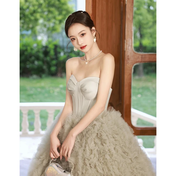 Charming Pleated Sage Green Prom Dresses 2023 Ball Gown Strapless Sleeveless Backless Court Train Prom Formal Dresses
