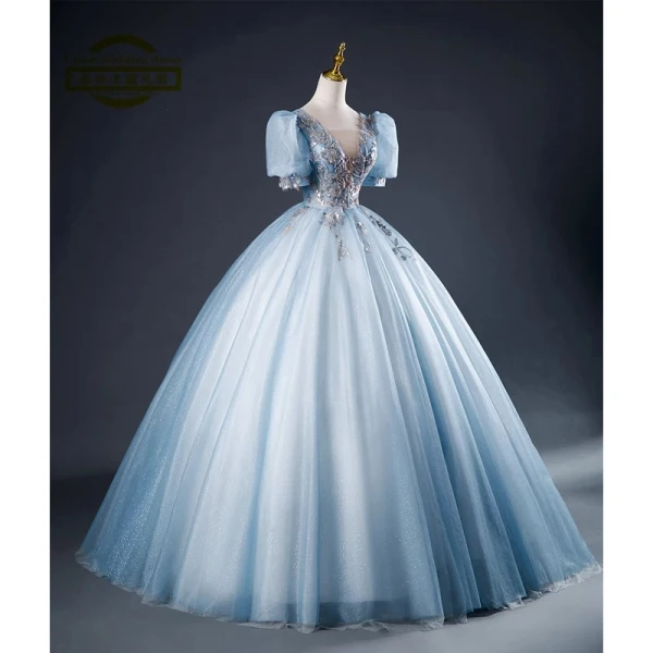 Elegant Sky Blue Beading Sequins Ball Gown Prom Dresses 2023 V-Neck Short Sleeve Backless Floor-Length / Long Prom Formal Dresses