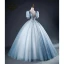 Elegant Sky Blue Beading Sequins Ball Gown Prom Dresses 2023 V-Neck Short Sleeve Backless Floor-Length / Long Prom Formal Dresses