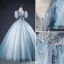 Elegant Sky Blue Beading Sequins Ball Gown Prom Dresses 2023 V-Neck Short Sleeve Backless Floor-Length / Long Prom Formal Dresses