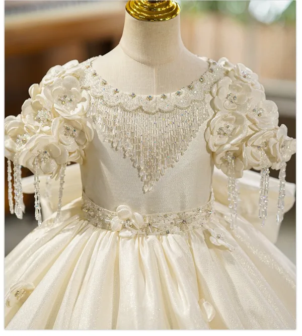 Vintage / Retro Ivory Beading Rhinestone Appliques Bow Birthday Flower Girl Dresses 2025 Ball Gown Scoop Neck Short Sleeve Floor-Length / Long