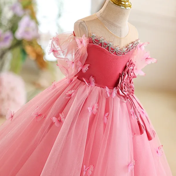 Chic / Beautiful Blushing Pink Butterfly Appliques Birthday Flower Girl Dresses 2025 Ball Gown Scoop Neck Short Sleeve Backless Floor-Length / Long