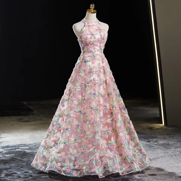 Flower Fairy Multi-Colors Flower Prom Dresses 2024 A-Line / Princess High Neck Sleeveless Backless Floor-Length / Long Prom Formal Dresses