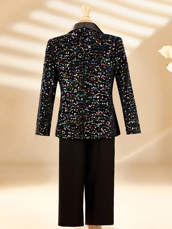 Black Fall Winter Long Sleeve Multi-Colors Sequins 6-piece Boys Wedding Suits 2025 Body Jewellery Coat Pants Shirt Tie Vest Boys Wedding Suits
