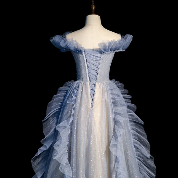 Fashion Sky Blue Ruffle Prom Dresses 2022 A-Line / Princess Off-The-Shoulder Sequins Pearl Short Sleeve Backless Floor-Length / Long Prom Formal Dresses