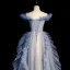 Fashion Sky Blue Ruffle Prom Dresses 2022 A-Line / Princess Off-The-Shoulder Sequins Pearl Short Sleeve Backless Floor-Length / Long Prom Formal Dresses