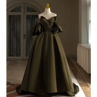 Fashion Army Green Satin Prom Dresses 2024 Ball Gown Strapless Puffy Short Sleeve Backless Floor Length Long Prom Formal Dresses