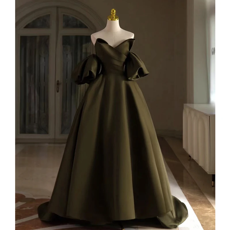 Fashion Army Green Satin Prom Dresses 2024 Ball Gown Strapless Puffy Short Sleeve Long Fashion Army Green Satin Prom Dresses 2024 Ball Gown Strapless Puffy Short Sleeve Long