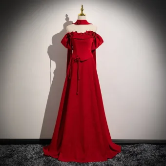 Chic Beautiful Red Appliques Bow Prom Dresses 2026 A Line Princess Off The Shoulder Short Sleeve Backless Sweep Train Prom Formal Dresses