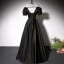Elegant Black Satin Prom Dresses 2022 A-Line / Princess V-Neck Short Sleeve Backless Floor-Length / Long Formal Dresses