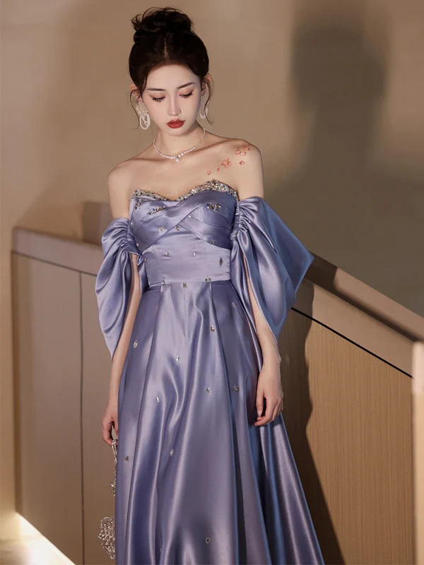Illusion Lavender Sequins Rhinestone Satin Prom Dresses 2024 A-Line / Princess Off-The-Shoulder Short Sleeve Backless Bow Floor-Length / Long Prom Formal Dresses