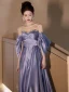 Illusion Lavender Sequins Rhinestone Satin Prom Dresses 2024 A-Line / Princess Off-The-Shoulder Short Sleeve Backless Bow Floor-Length / Long Prom Formal Dresses