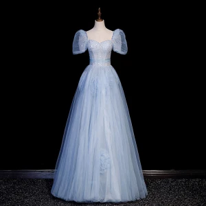 Élégant Bleu Ciel Paillettes Robe De Bal 2023 Princesse Encolure Carrée Gonflée Manches Courtes Dos Nu Longue Promo Robe De Ceremonie