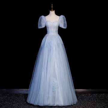 Elegant Sky Blue Sequins Prom Dresses 2023 A Line Princess Square Neckline Puffy Short Sleeve Backless Floor Length Long Prom Formal Dresses
