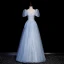 Elegant Sky Blue Sequins Prom Dresses 2023 A-Line / Princess Square Neckline Puffy Short Sleeve Backless Floor-Length / Long Prom Formal Dresses