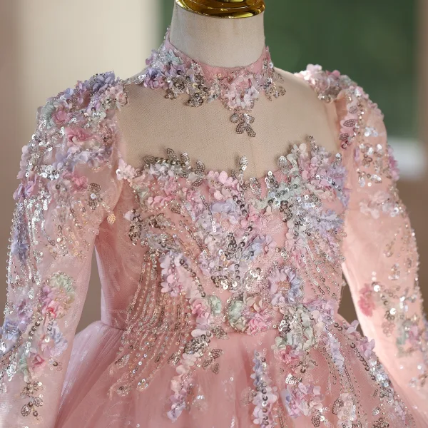 Elegant Blushing Pink Beading Sequins Appliques Birthday Flower Girl Dresses 2026 Ball Gown High Neck Long Sleeve Backless Floor-Length / Long Tulle