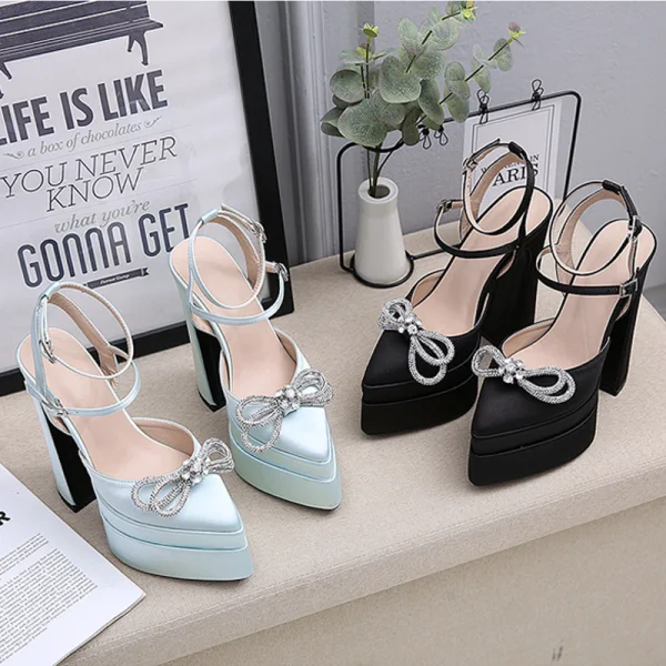Fashion Mint Green Satin Rhinestone Bow Evening Party Womens Sandals 2023 Ankle Strap 14 cm Stiletto Heels Pointed Toe Sandals High Heels