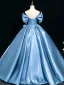 Elegant Pool Blue Appliques Prom Dresses 2025 Ball Gown Off-The-Shoulder Short Sleeve Backless Floor-Length / Long Formal Dresses