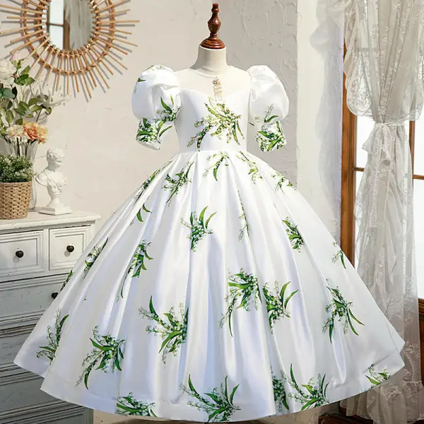 Vintage / Originale Ivoire Satin Anniversaire Paillettes Impression Robe Ceremonie Fille 2022 Robe Boule Encolure Dégagée Gonflée Manches Courtes Dos Nu Longue Robe Ceremonie Fille