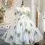 Vintage / Originale Ivoire Satin Anniversaire Paillettes Impression Robe Ceremonie Fille 2022 Robe Boule Encolure Dégagée Gonflée Manches Courtes Dos Nu Longue Robe Ceremonie Fille