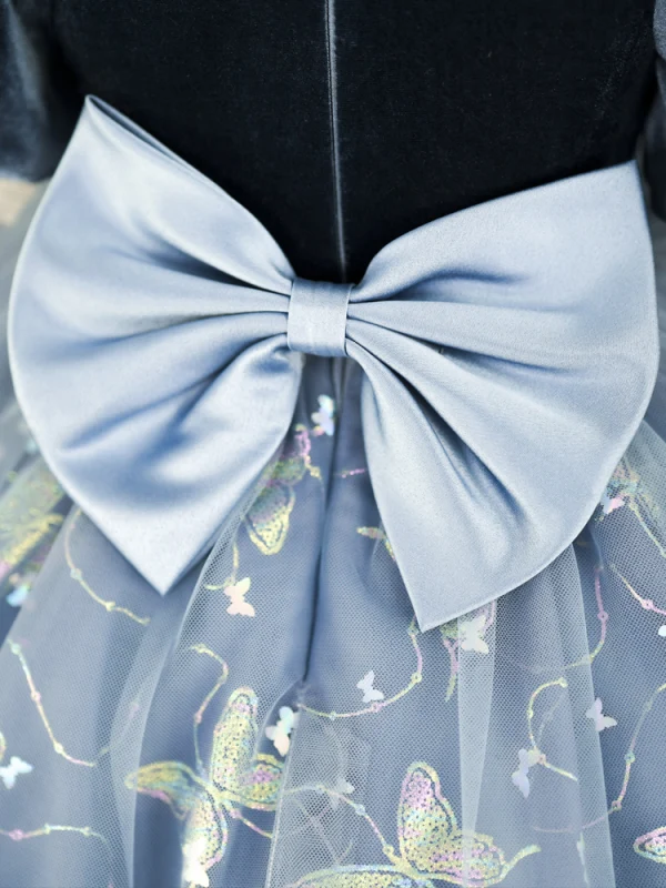 Chic / Beautiful Navy Blue Pearl Sequins Butterfly Bow Short Flower Girl Dresses 2023 Ball Gown Birthday High Neck Short Sleeve