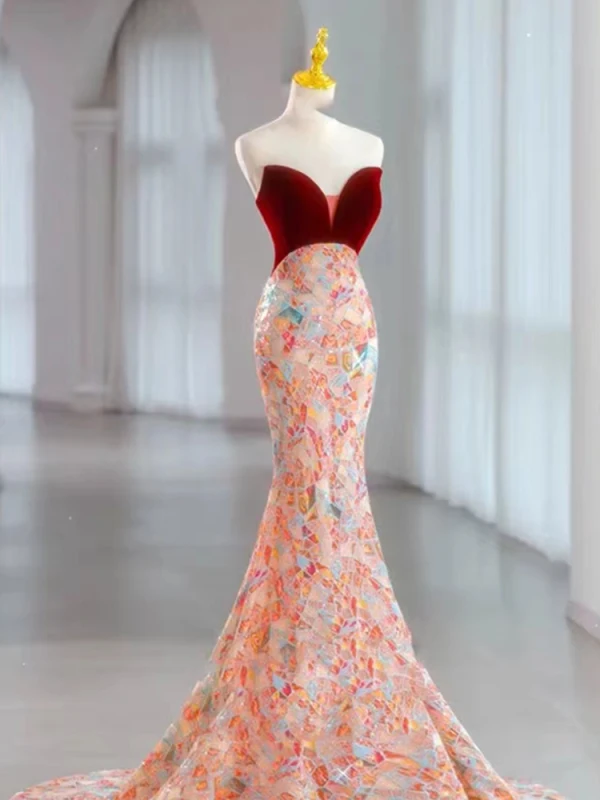 Sexy Bordeaux Multi-Couleurs Paillettes Robe De Soirée 2023 Trompette / Sirène Bustier Sans Manches Dos Nu Noeud Train De Balayage Soirée Robe De Ceremonie