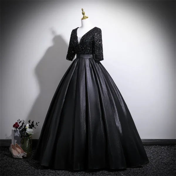 Vintage / Retro Black Sequins Prom Dresses 2025 Ball Gown V-Neck 3/4 Sleeve Backless Floor-Length / Long Formal Dresses