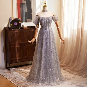Charmant Argenté Gris Perlage Paillettes Robe De Bal 2024 Princesse De L Épaule Manches Courtes Dos Nu Longue Promo Robe De Ceremonie